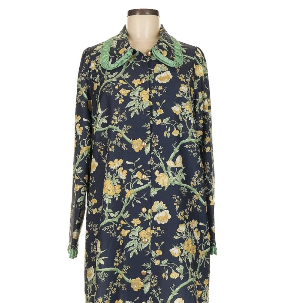 TUCKERNUCK Medium Twiggy Night Bloom Floral Green Trim Gold Buttons Navy Dress